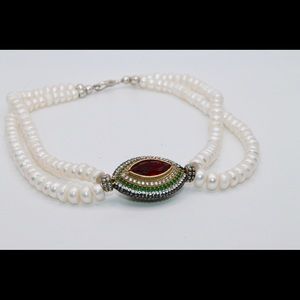 Moroccan style evil eye pearl necklace